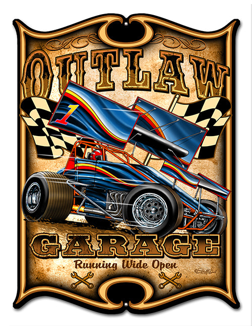 Race Car Garage Shop Art Sign OutLaw Garage 14x18