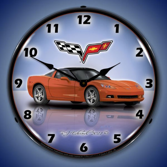 C6 Corvette Inferno Orange Lighted Clock