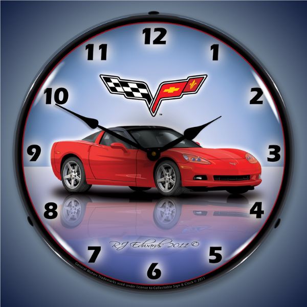 C6 Corvette Torch Red Lighted Clock