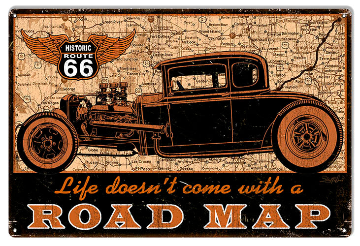 Route 66 Road Map Hot Rod Car Sign Garage Art 12x18