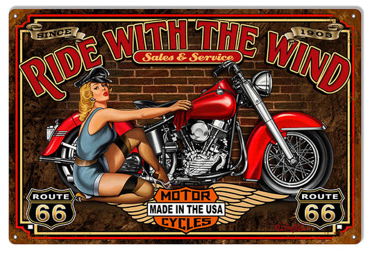 Motorcycle Pin Up Girl Route 66 Sign Ride With The Wind 12x18