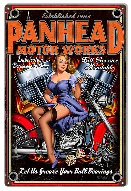 Garage Shop Panhead Motor Pin Up Girl Metal Sign 12x18