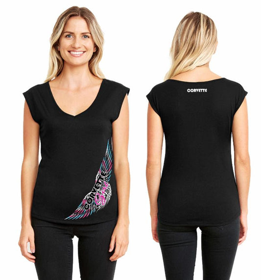 Ladies Black Sleeveless Corvette Wings T-Shirt